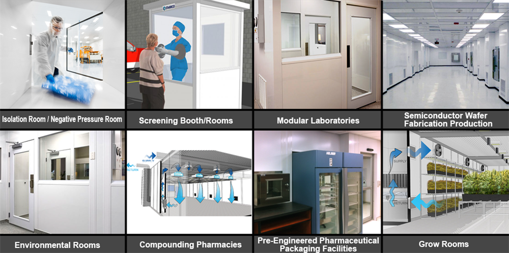 Clean Room Applications: Isolation room, Screening Rooms, Modular Laboratories, Semiconductor wafer fabrication production, environmental rooms, compounding pharmacies, pharmaceutical packaging facilities, grow rooms